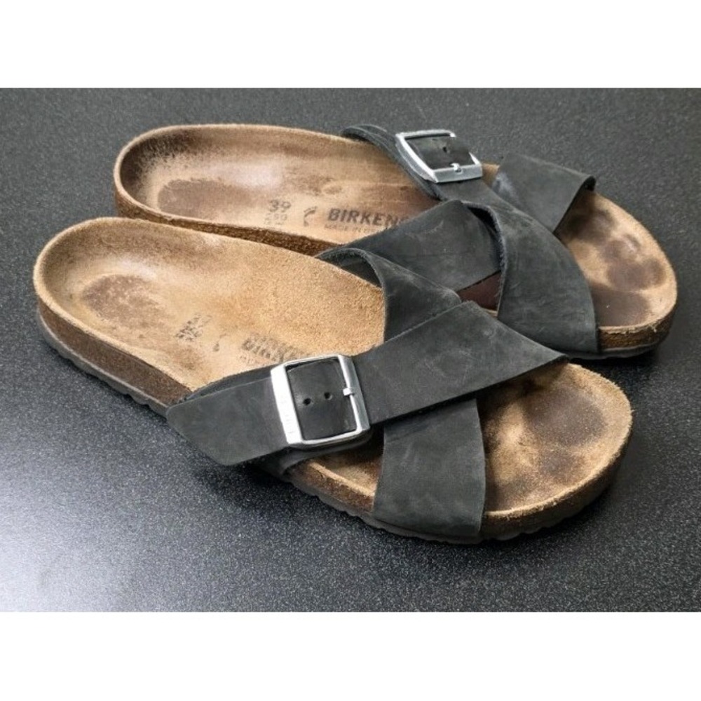 Birkenstock Siena Leather Sandal Women 39/8 Black Big Buckle Strappy Boho